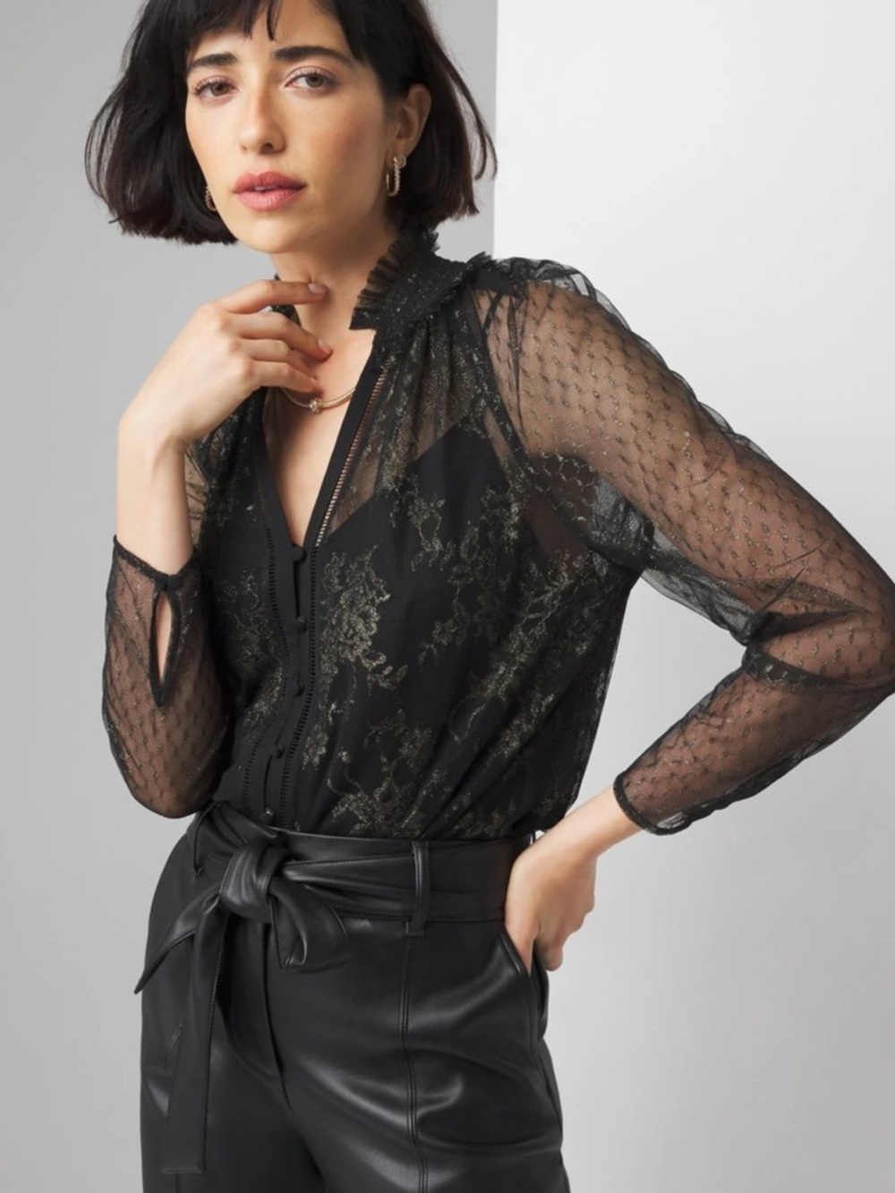 White House  Black Market V-Neck Lace Blouse In Black Gold Metallic Lace NWOT